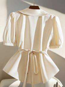 GlowEve 女士纯色前扣短袖简约休闲衬衫，日常穿着 - 杏色 - 查看 2