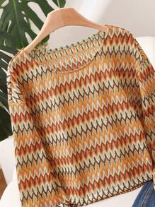 SHEIN Frenchy Maglietta casual e ampia con girocollo, in stile colorblock e lavorazione a uncinetto, adatta per taglie forti e vacanze - Multicolore - Visualizzare 3