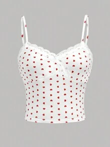SHEIN Camiseta sin mangas con escote en V con corazones y estampado floral de pequeñas flores para niña adolescente en blanco y rojo