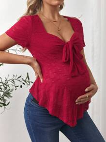 SHEIN Maternity Women V-Neck Short Sleeve T-Shirt With Bow Detail, Fitted Design, Versatile, Spring/Summer - Red - View 4