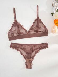 2pcs/Set Lip Jacquard Mesh See-Through Wirefree Triangle Cup G-String Panties (Lingerie Set) - Mocha Brown - View 6