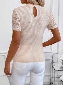 SHEIN Clasi Tricou bodycon cu mânecă scurtă pentru femei Waffle Lace - Caisă - Vizualizare 2