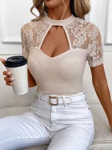SHEIN Clasi Tricou bodycon cu mânecă scurtă pentru femei Waffle Lace - Caisă - Vizualizare 7