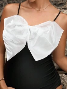 SHEIN Maternity One-Piece Black & White Color Block Oversized Bow Summer - Black and White - View 4