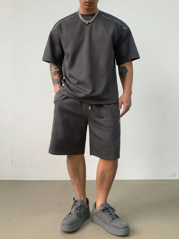 2pcs Men Grey Basic Short Sleeve T-Shirt With Zip Decor Shorts Set, Summer Outfit