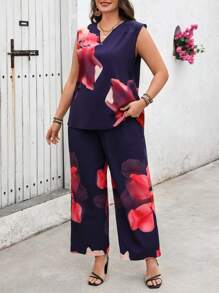 SHEIN VCAY Plus Size Vacation Large Floral Print Sleeveless Top And Long Pants Two-Piece Set.Valentine,Casual Picnic Party. - Black - View 4