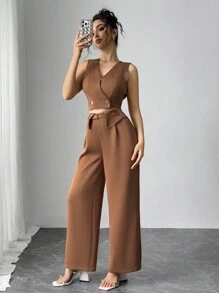 Modelyn 2 Stücke Damen Set aus einfarbiger knopfverschlossener ärmellose Bluse und langer Hose - Braun - Übersicht 3