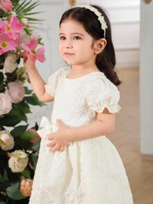 Váy xòe vải họa tiết hoa cho bé gái, phong cách công chúa thanh lịch và mơ mộng - Màu be - Xem 2