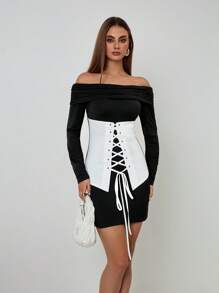Calvaya Women's Off-Shoulder Tie-Front Eyelet Corset Midi Dress