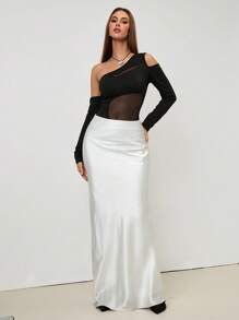 Chiquease 女士纯色性感网眼拼布镂空透视斜肩紧身衣 - 黑色 - 查看 4