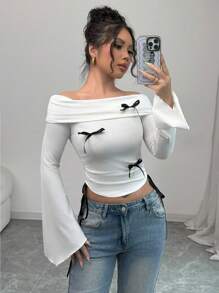 Chiquease 女士露肩长袖衬衫，带蝴蝶结装饰，简约