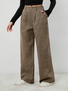 SHEIN Tall Pantalones tipo traje plisados a cuadros de estilo vintage, para otoño e invierno - Marrón - Ver 7