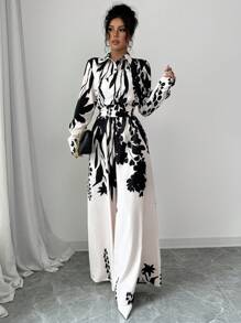 Selianne Long Sleeve Collared Waist Tie Up Floral Printed Women Jumpsuit Fall Cloth For Women - Multicolor - View 6