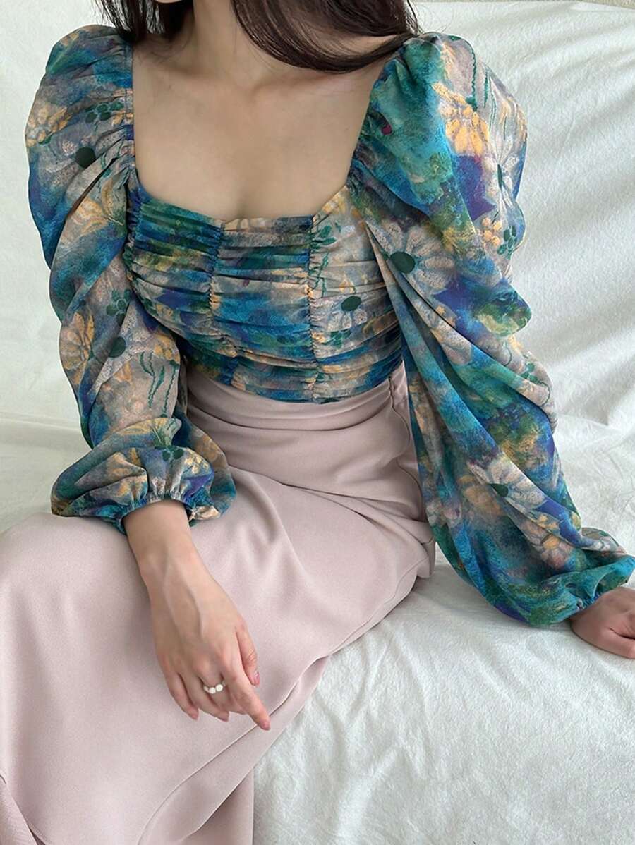 DAZY Women's Floral Print Square Neck Collar Stretchy Tight-Fitting Puff Sleeve Blouse, Green, Spring/Summer/Autumn Long Sleeve Vacation Outfits Women - Green - View 1