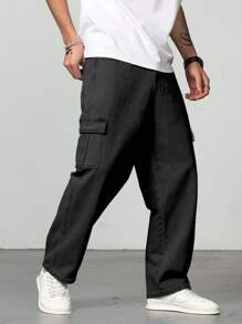 Manfinity Homme Loose Fit Men's Cotton Cargo Jeans With Flap Pockets - Black - View 5