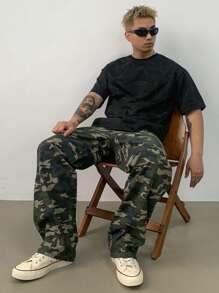 DAZY 夏季男士抽象线条图案黑色 T 恤 - 黑色 - 查看 5