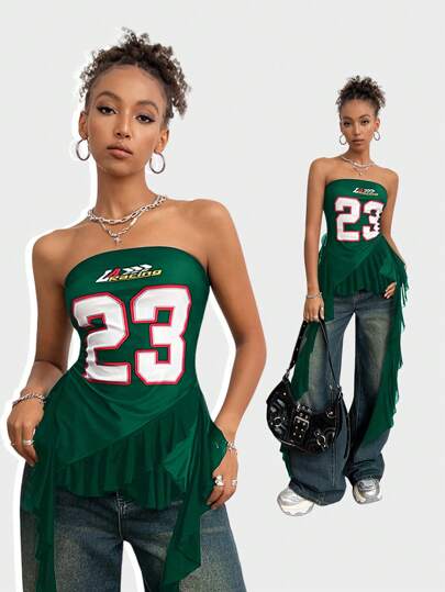 Coolane 青少年女孩 Y2K 图案撞色蕾丝运动抹胸荷叶边迷你裙