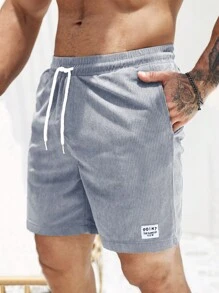 Manfinity Homme 宽松男士字母补丁细节抽绳腰短裤休闲夏季灯芯绒 - 霧霾藍 - 查看 1