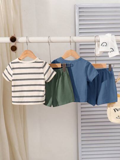 SHEIN 4pcs/Set Baby Boy Korean Style Cute Cartoon Striped Short Sleeve T-Shirt & Elastic Waist Cargo Shorts Set, Summer