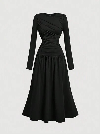 SHEIN MOD 女士褶皱连衣裙，休闲日常秋冬内衣秋季服装优雅女士连衣裙