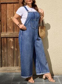 EMERY ROSE Plus Size Casual Washed Loose Denim Bib Overalls - Light Wash - View 4
