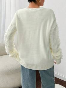 EURMUSE Suéter informal de mujer oversize con detalles de flecos para invierno - Blanco - Ver 2
