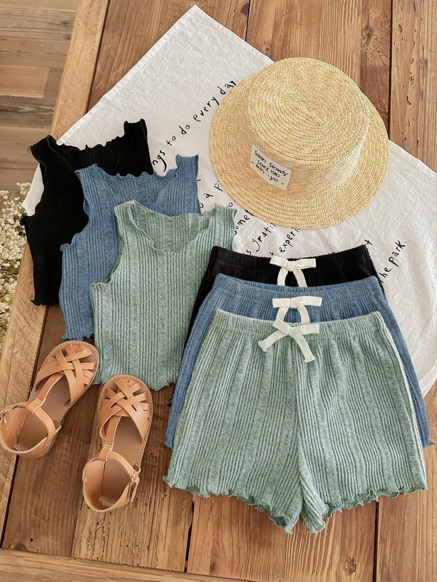SHEIN LMoss Kids LMoss Baby Girl 6pcs Baby Girl Adorable Simple Knitted Solid Color Sleeveless Wave Hem Top & Shorts Outfits - Multicolor - View 1