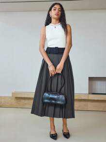 MOTF STUDIO COLORBLOCK PLEATED BELTED MIDI SKIRT