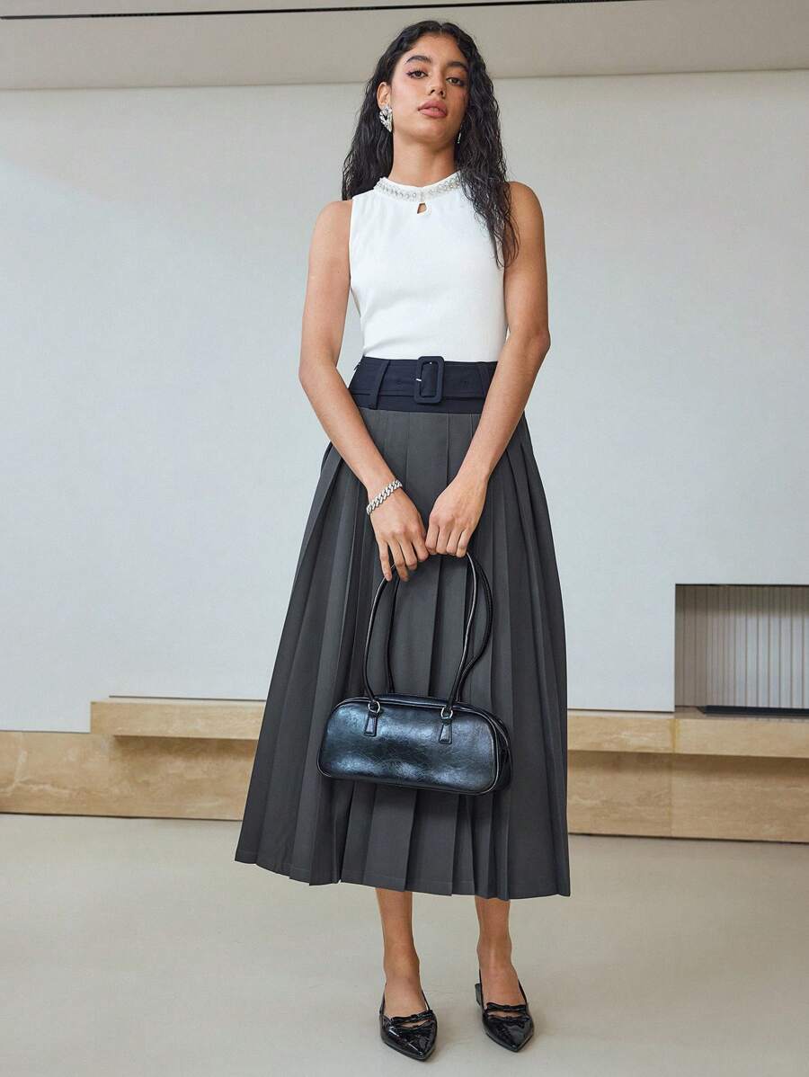 MOTF STUDIO COLORBLOCK PLEATED BELTED MIDI SKIRT