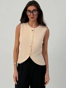 Aloruh 优雅圆领简约杏色收腰修身办公室背心 - 杏色 - 查看 4