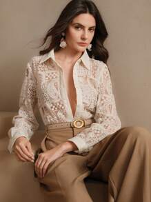 Anewsta New Women Elegant Ivory Lace Embroidery Jacquard Blouse, Spring - Apricot - View 1