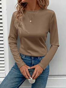 SHEIN LUNE 女士基本款亲肤舒适立领长袖修身 T 恤，四季皆宜 - 咖啡棕 - 查看 1