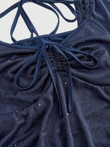 ROMWE Plus Size Hippie Style Elegant Net Mesh Plain Color Ruched Drawstring Midi Dress, For New Year - Navy Blue - View 3