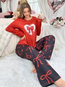 Conjunto de ropa de dormir para mujer con decoración de moños, dulce y lindo para el Día de San Valentín