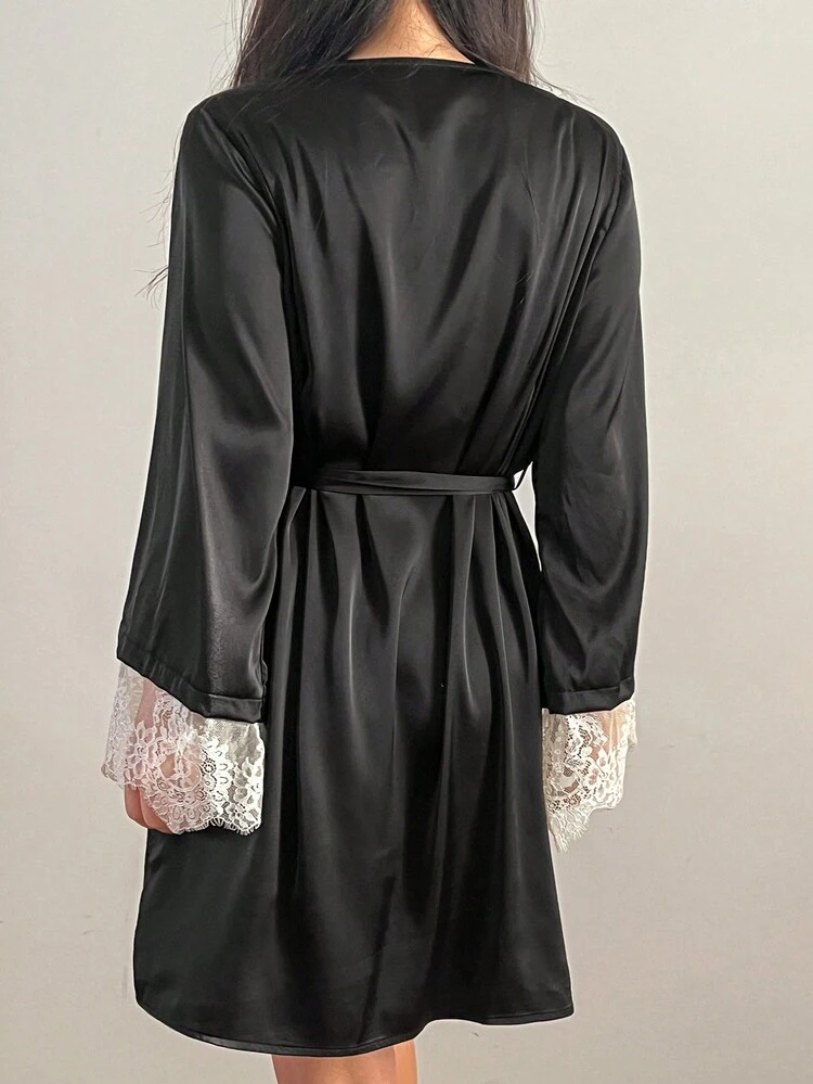 Satin Contrast Lace Patchwork Robe With Tie Waist Belt Pajama