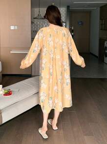 DAZY Floral Print Pleated Drawstring Collar Raglan Lantern Sleeve Loose Nightgown Pajama - Yellow - View 2