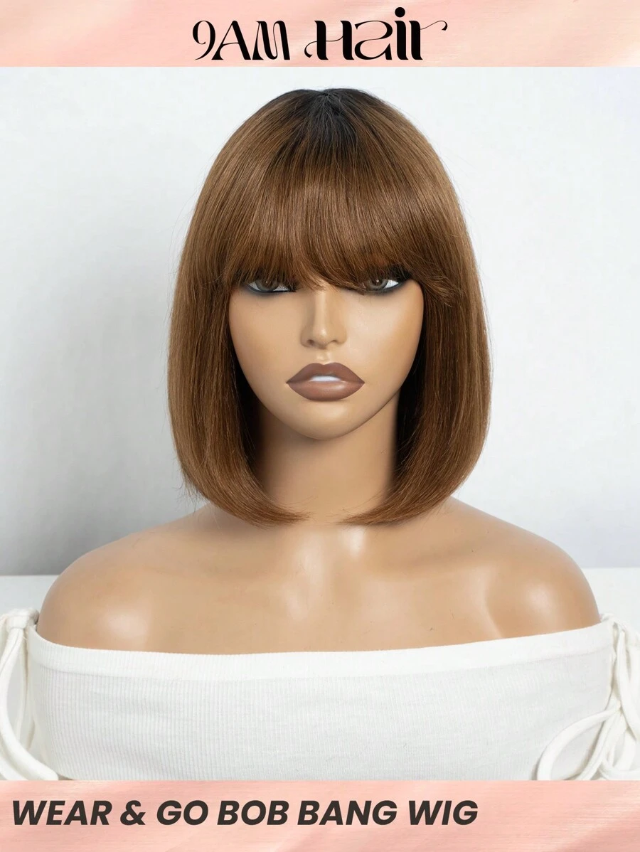 Tóc giả Bob không cần keo có tóc mái, Tóc giả Bob ngắn thẳng màu nâu ombre, Tóc giả Bob Bang 10 inch với kết cấu Yaki rất nhẹ - S1/30 - Xem 1
