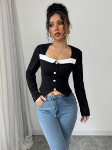Calvaya Blusa de punto de cuello cuadrado con empalmado, ajuste ceñido para mujer