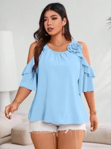 Vionelle Plus Cold Shoulder Ruffle Trim Blouse For Summer For New Year Clothes - Blue - View 4
