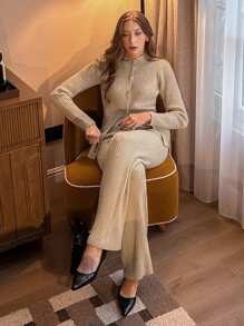 Pariaura 2 pièces/set, Cardigan et pantalon long tricoté pour femme, style simple boutonnage, automne/hiver