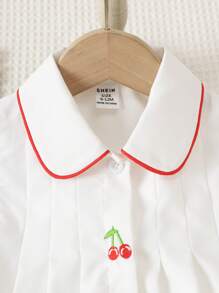 SHEIN 女宝宝夏季可爱刺绣樱桃撞色领带织带泡泡短袖白色连衣裤连衣裙 - 白色 - 查看 6