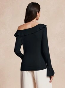 SHEIN Unity Women's Elegant Ruffle Collar Blouse Fall Cloth For Women - Black - View 2