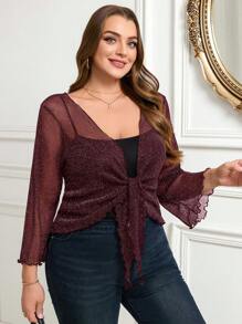 SHEIN Clasi Hollow Laced Front Ruffle Hem Cropped Top With Puff Sleeves, Plus Size Women Carnival - Burgundy - View 7