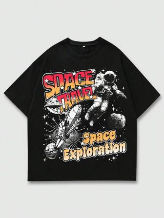 Street Life T-shirt casual col rond à manches courtes pour hommes avec slogan et imprimé astronaute