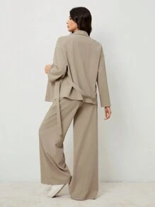 SHEIN Tall 优雅休闲度假/通勤女士领口系带宽松紧身衣搭配高腰软裤，适合秋季和夏季 - 卡其色 - 查看 2