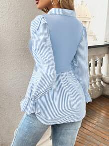 EMERY ROSE Women's Casual Striped Patchwork Puff Sleeve 2 In 1 Top, Spring Autumn Fall Cloth For Women - Baby Blue - View 2