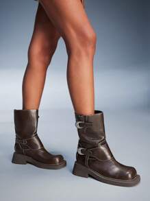 CUCCOO GRLICON 女式中筒靴，Y2K 风格，朋克摇滚，机车风，酷女孩装，适合万圣节、圣诞节和派对 - 棕色 - 查看 7