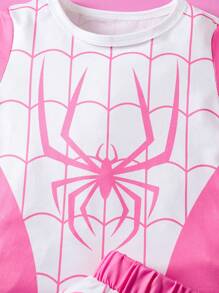 SHEIN Playful Pals 2 件套年轻女孩休闲蜘蛛印花圆领短袖上衣和裙子，适合户外玩耍、游乐园、居家、学校、化妆舞会、春夏 - 粉色 - 查看 4