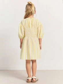THE HAPPY LOOK Young Girls Striped Color Block Puff Sleeve Cinched Waist Flared Hem Dresses, Resort Style