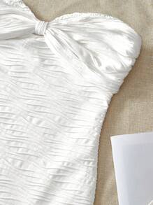 SHEIN VCAY 休闲纯色修身针织吊带开衩下摆女式连衣裙 - 白色 - 查看 5